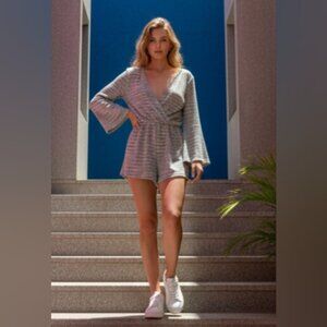 Astars SZ S Retro Romper Blue & Green Deep V-Neck Bell Sleeves Lined W/Pockets